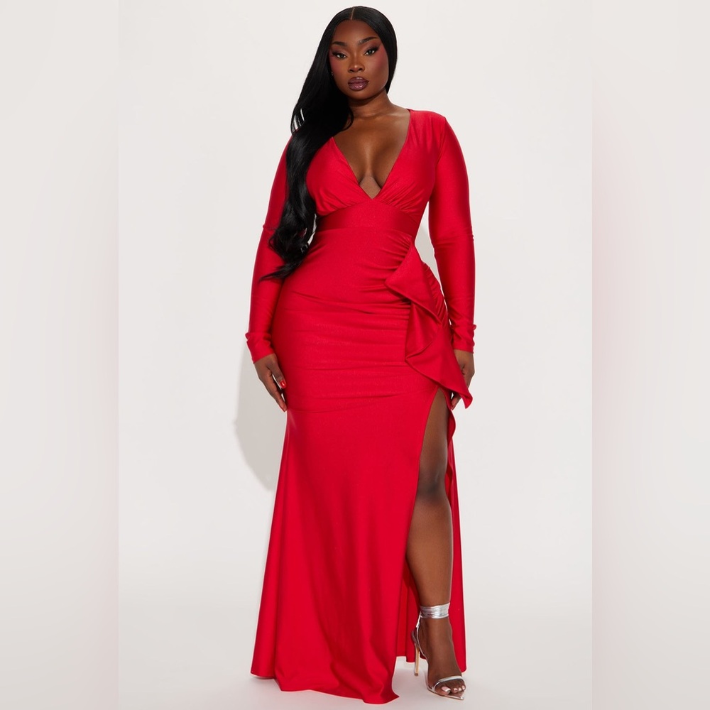 Fashion Nova Red Long Sleeve Plunge Gown